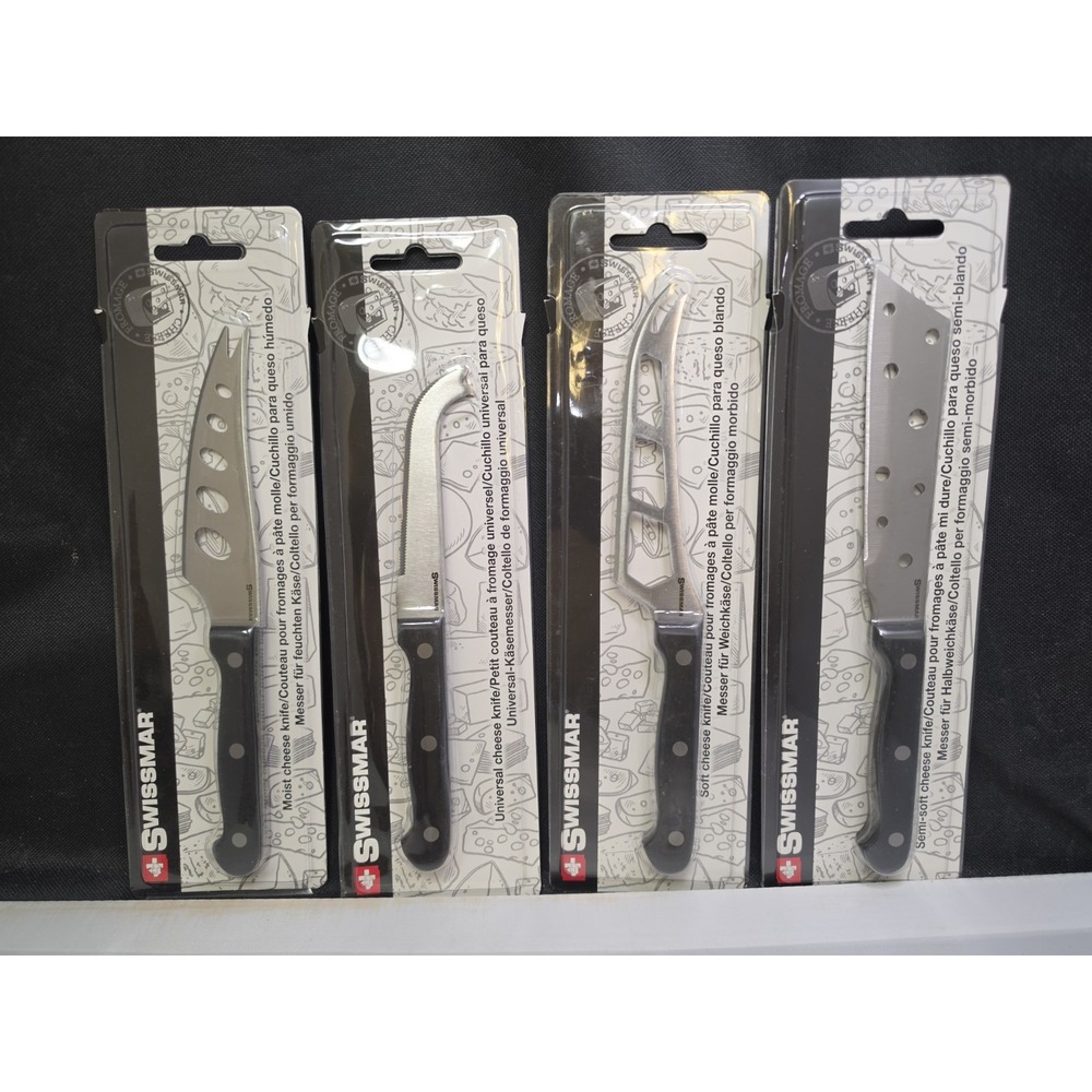 Swissmar 4pc Cheese Knife Set New Sealed Black Handles Stainless Steel